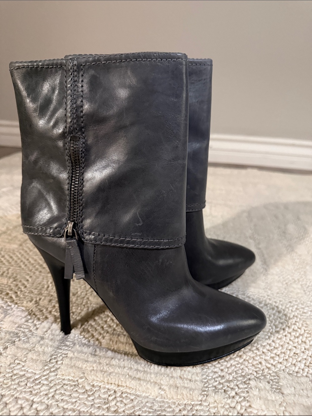 Nine West Charcoal Gray Leather Stiletto Ankle Boots